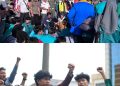 Ratusan mahasiswa berbagai kampus di Pekanbaru berunjuk rasa di Gedung DPRD Riau, Jalan Sudirman,