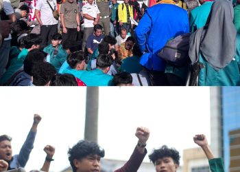 Ratusan mahasiswa berbagai kampus di Pekanbaru berunjuk rasa di Gedung DPRD Riau, Jalan Sudirman,