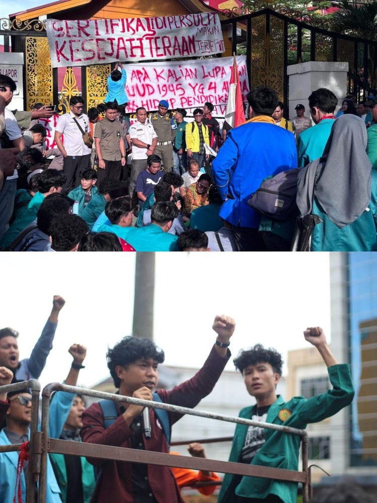 Ratusan mahasiswa berbagai kampus di Pekanbaru berunjuk rasa di Gedung DPRD Riau, Jalan Sudirman,